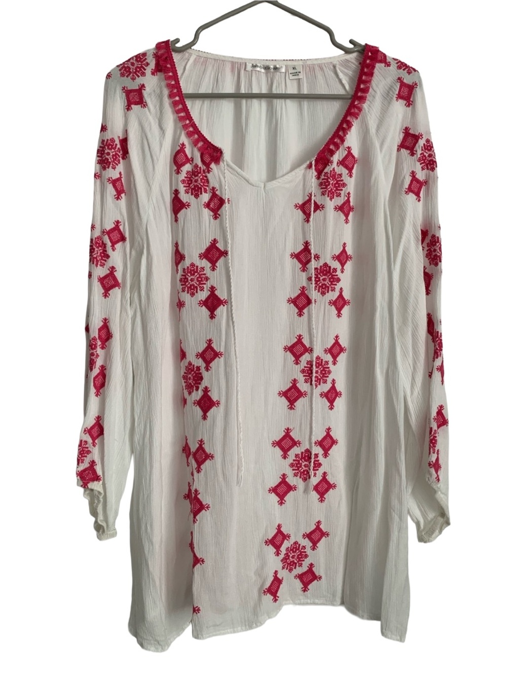 JOHN PAUL RICHARD White Gauze Hot Pink Embroidery Rayon Tunic